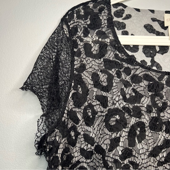 Chico's Cheetah Chaser Black Lace Overlay Blouse Liquid Knit Nylon Top Size XL - Picture 4 of 11